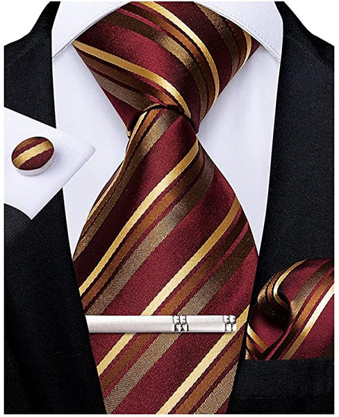 Burgundy Tan and Brown Striped Necktie Set-DBG683