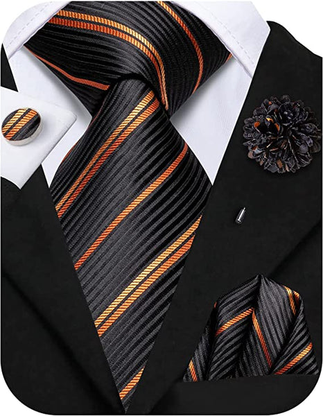 Black and Rust Orange Striped Necktie Set-LBWH1230