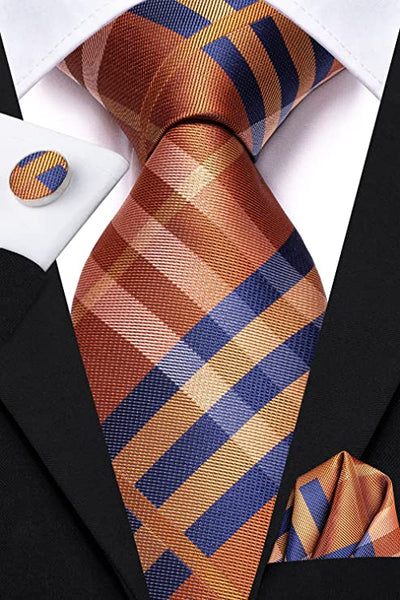 THE DARWIN: Red, Blue & White Cotton fashion Plaid Check Necktie with Antique Brass Metal Studs