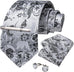 Silver and Black Floral Silk Necktie Set-DBG1489