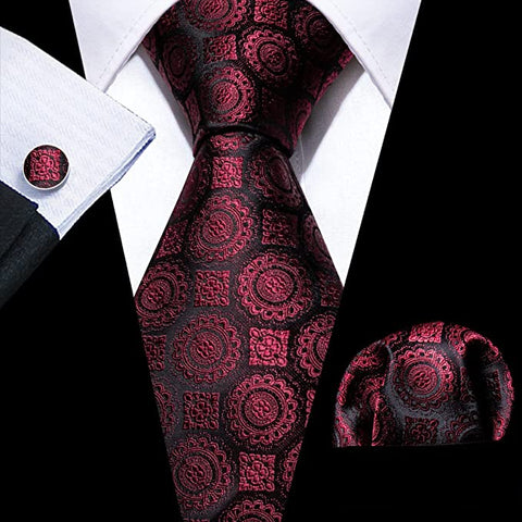 Burgundy and Black Silk Necktie Set-LBW1313