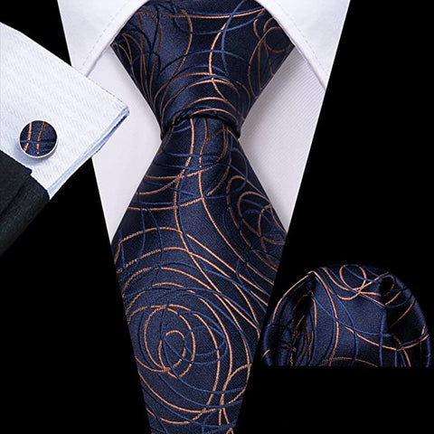 Blue and Bronze Swirly Design Necktie Set-LBW1314