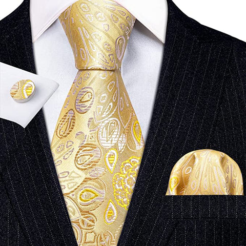 Yellow and White Paisley Necktie Set-LBW1336