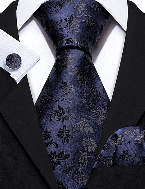 Navy Blue and Black Silk Necktie Set-LBW1338