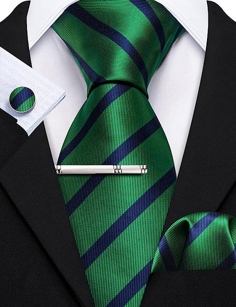 Green and Blue Striped Necktie Set-LBW1344