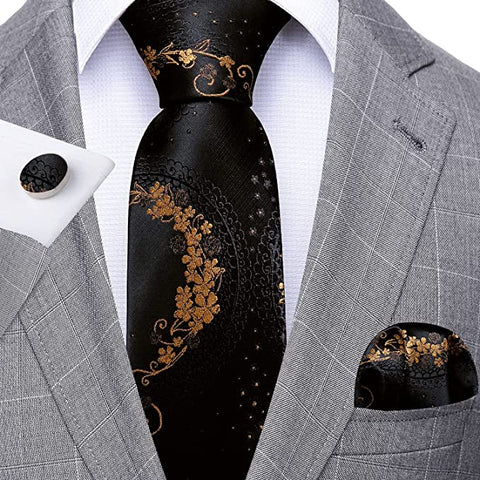 Black and Gold Floral Necktie Set-LBW1347