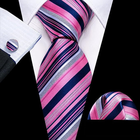 Pink Blue Grey Striped Silk Necktie Set-LBW1353