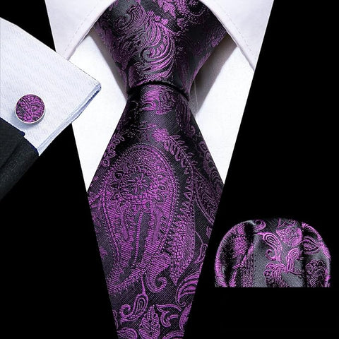 Purple and Balck Silk Necktie Set-LBW1470