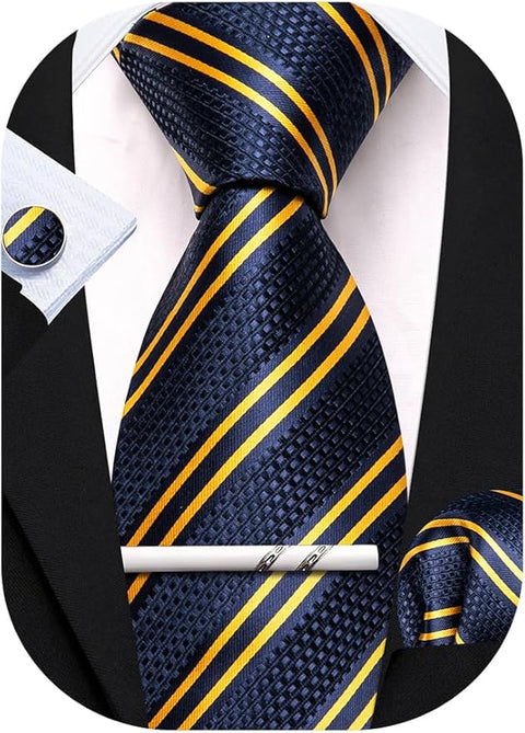 Navy and Yellow Striped Necktie Set-LBW1475