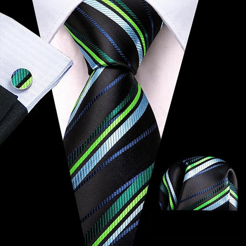 Black Blue Green Stripe Necktie Set-LBW1502