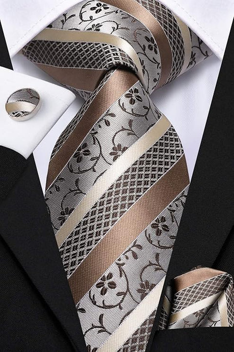 Khaki Floral Striped Necktie Set-LBW1508