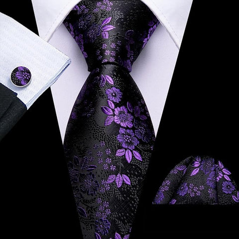 Purple and Black Silk Necktie Set-LBW1511