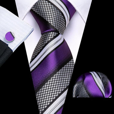 Purple Black Grey Stripe Necktie Set-LBW1544