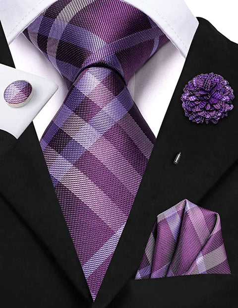 Purple Check Silk Necktie Set-LBWH1334