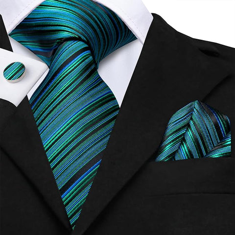 Teal Green Black Stripe Necktie Set-LBWH1447