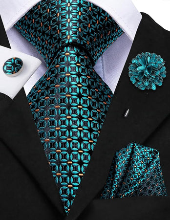 Teal and Black Silk Necktie Set-LBWH1453