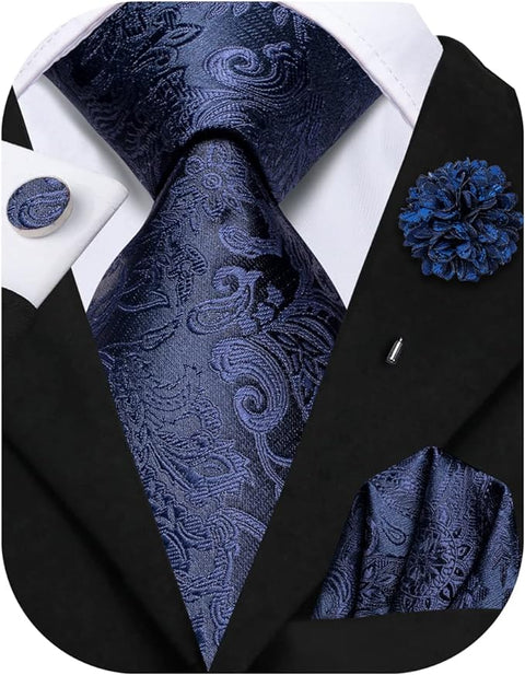 Navy Blue Paisley Necktie Set-LBWH1468