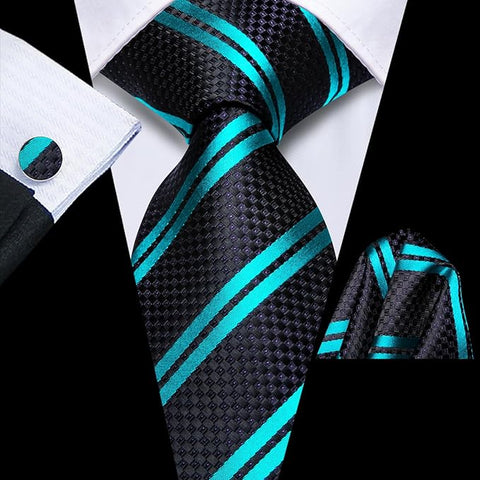 Black and Turquoise Silk Necktie Set-LBWH1516