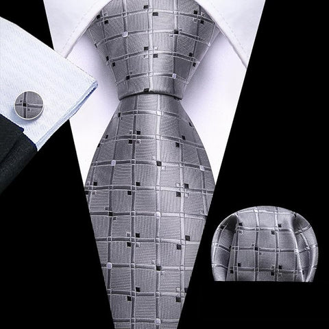 Silver Grey Plaid Necktie Set-LBWY1522