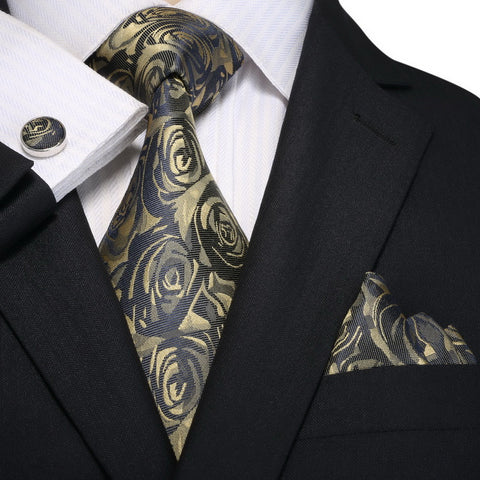 Gold and Navy Blue Rose Necktie Set  JPM18A90