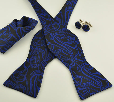 Blue and Black Floral Silk Bow Tie Set BTS7352 - Toramon Necktie Company