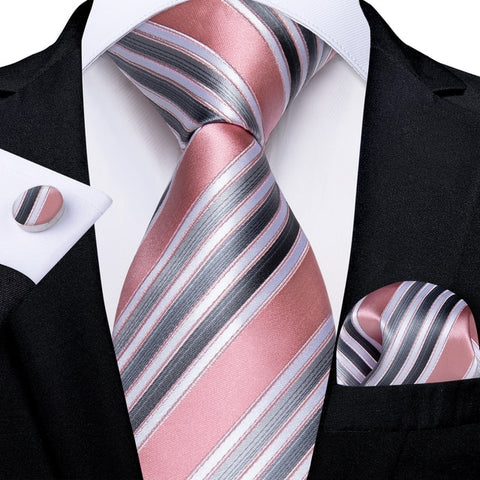 New Pink and Grey Stripe Necktie Set-DBG1066