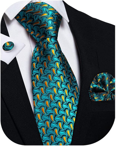 New Teal Orange Paisley Necktie Set-DBG1079