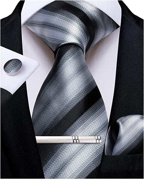 Grey and Black Stripe Silk Necktie Set-DBG1086