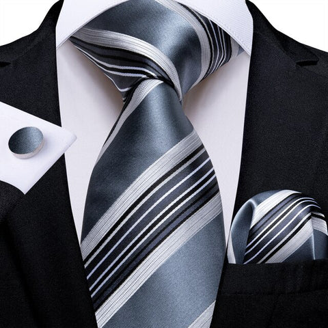 Grey Black Silver Stripe Silk Necktie Set-DBG1098