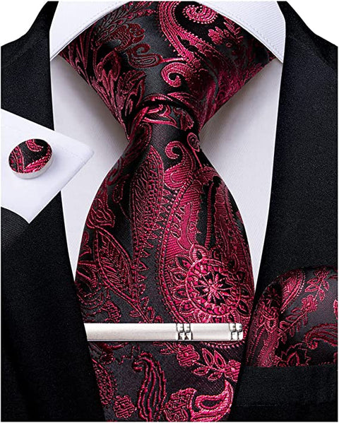 Cranberry and Black Paisley Silk Necktie Set-DBG1111