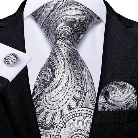 Silver Grey Paisley Necktie Set-DBG1173