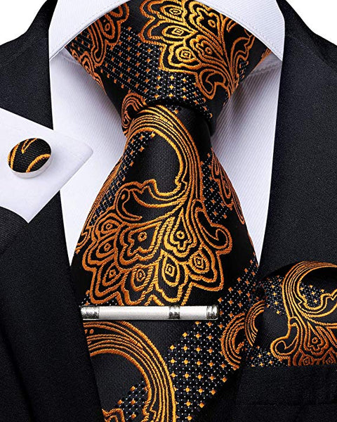 Rust Gold and Black Paisley striped Necktie Set -DBG460