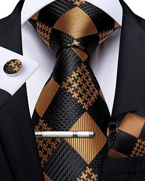 Gold and Black Silk Necktie Set- DBG473