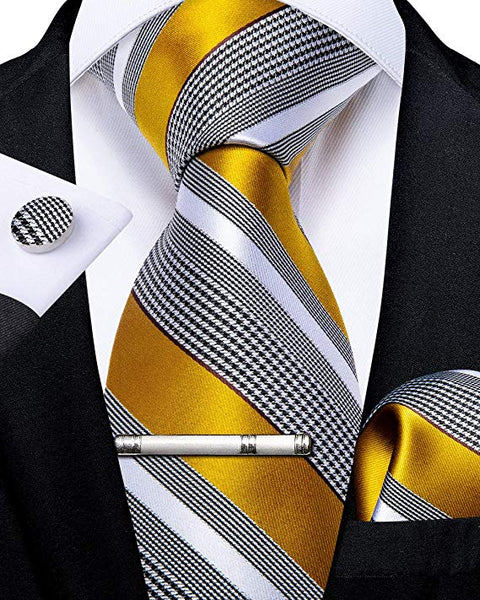 Grey Yellow Black Silk Necktie Set-DBG493