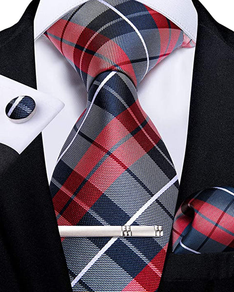 Red and Grey Plaid Necktie Set-DBG641