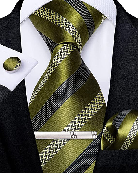 Olive Green Black Silk Necktie Set-DBG684