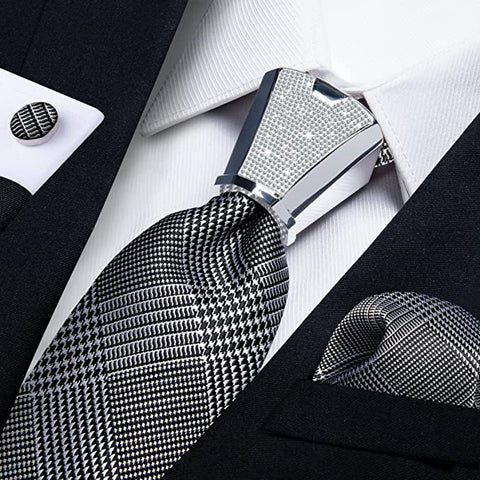 Black and Silver Houndstooth Necktie Set-DBG760