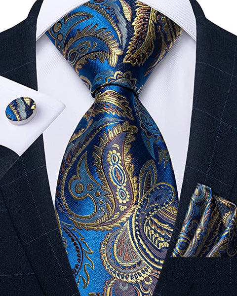 Light Blue and Brown Silk Paisley Necktie Set-DBG815