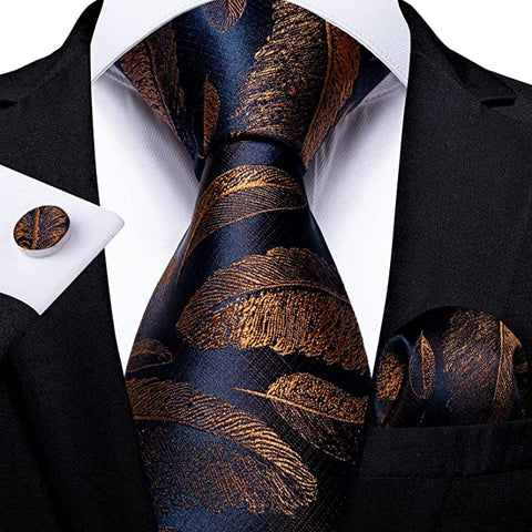 Navy Blue and Rust Leaf Necktie Set-DBG838