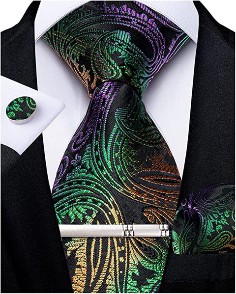 Purple Green Orange Paisley Necktie Set-DBG933