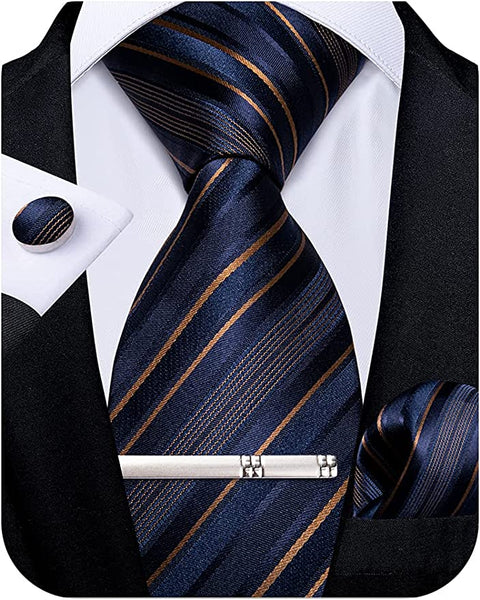 New Navy Blue and Brown Stripe Necktie Set-DBG934