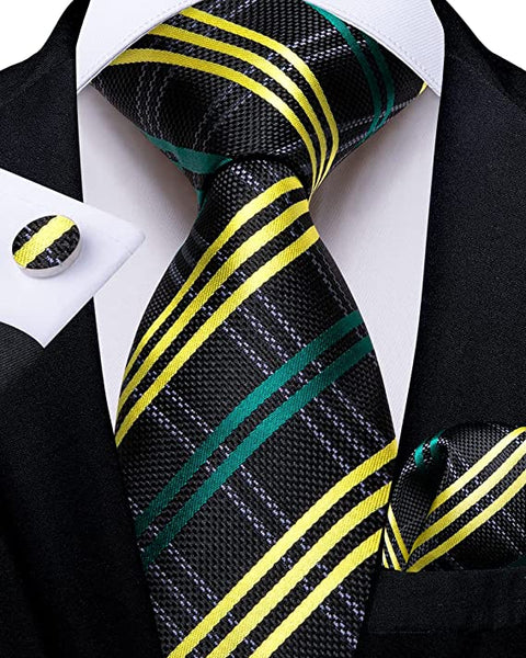 Black Yellow Green Crisscross Necktie Set-DBG936