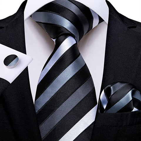 Black and Grey Stripe Silk Necktie Set-DBG937