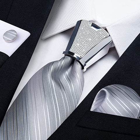 Silver Grey Solid Stripe Necktie Set-DBG940