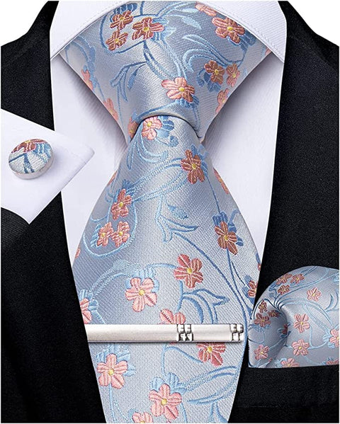 New Light Blue and Pink Floral Necktie Set-DBG942