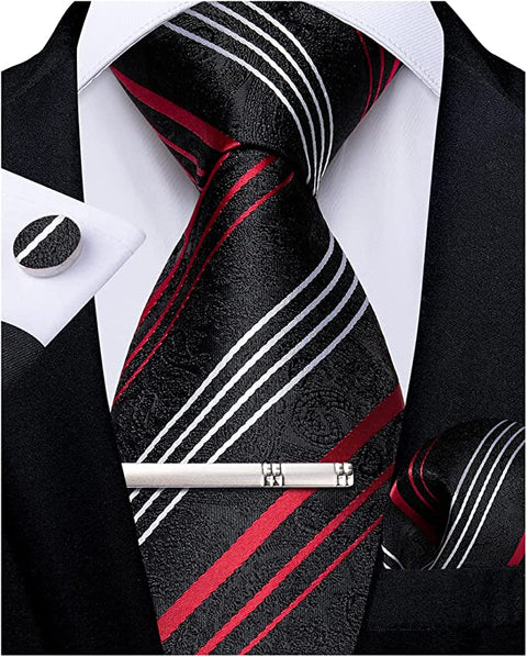 New Black Red White Stripe Necktie Set-DBG974