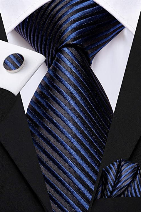 Blue and Black Stripe Silk Tie Set-DUB627