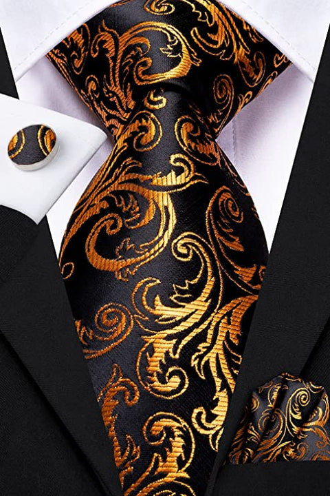 Gold and Black Silk Necktie Set-DUB657