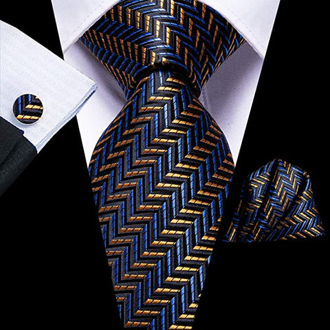 Blue Gold Black Silk Necktie Set-DUB659