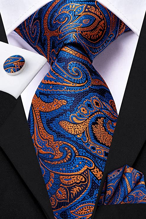 Blue and Orange Silk Paisley Necktie Set-DUB728 - Toramon Necktie Company